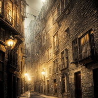 ガス灯が灯る石畳の路地（夜霧）の写真