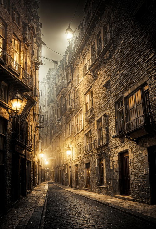 ガス灯が灯る石畳の路地（夜霧）
