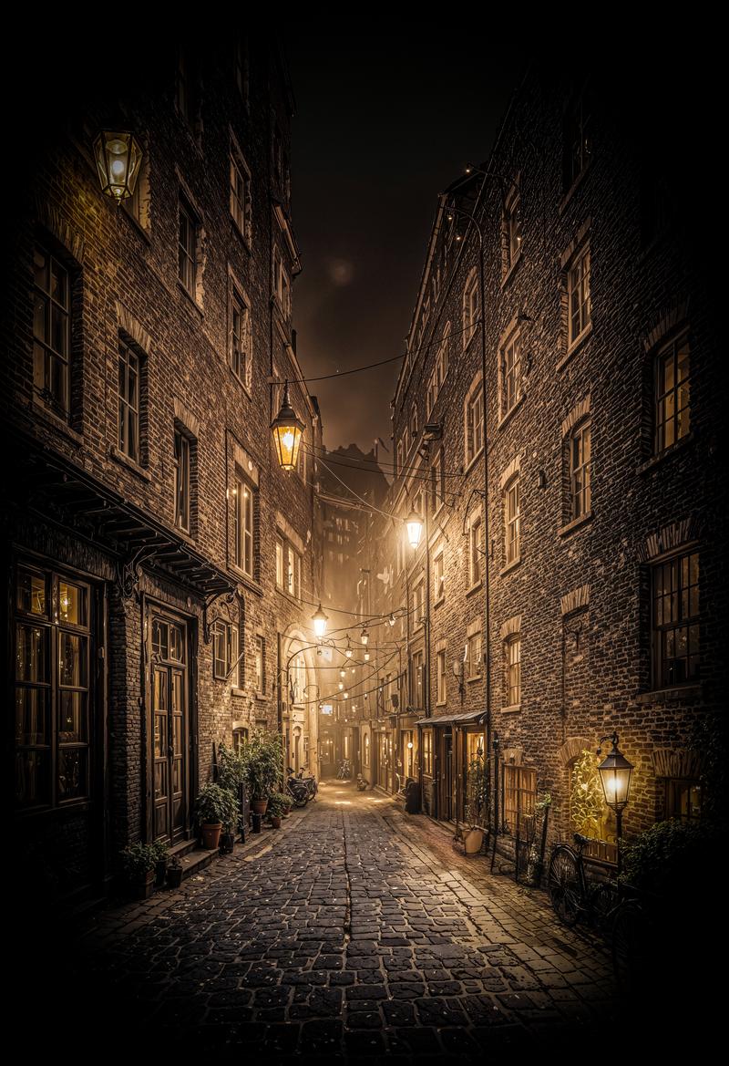 ヨーロッパ風の石造建物に囲まれた夜の石畳路地、街灯の光に照らされた古街道の風景