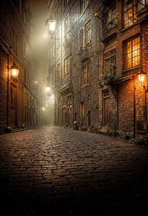 濡れた石畳が続く街灯が照らす路地裏