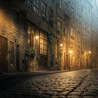 霧がかかる中世風の建物が立ち並ぶ石畳の路地を照らす街灯の写真