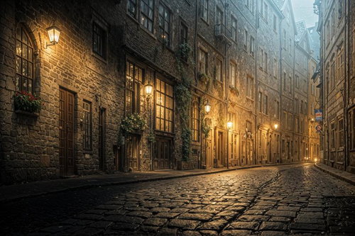 霧がかかる中世風の建物が立ち並ぶ石畳の路地を照らす街灯