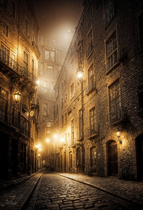 夜間に街灯で照らされた濡れた石畳の路地裏