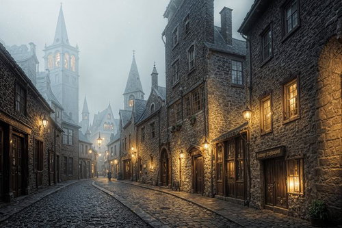 霧に包まれた石畳の旧市街の夜道、街灯がともる路地裏
