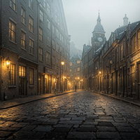 石造りの建物が両脇に並ぶ夜の石畳路地、街灯が照らす中世風の古い町並みの写真