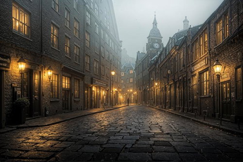 石造りの建物が両脇に並ぶ夜の石畳路地、街灯が照らす中世風の古い町並み