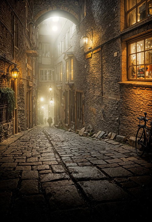 暖かな明かりが灯る石畳の路地裏、雪降るヨーロッパの夜通り