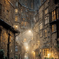 ヨーロッパの古い建物が密集する石畳の曲がりくねった夜道の写真