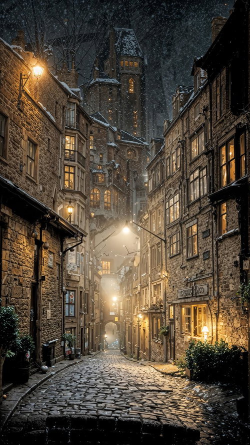 ヨーロッパの古い建物が密集する石畳の曲がりくねった夜道