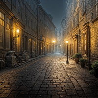 星降る夜に輝く中世ヨーロッパの石畳の街並みの写真