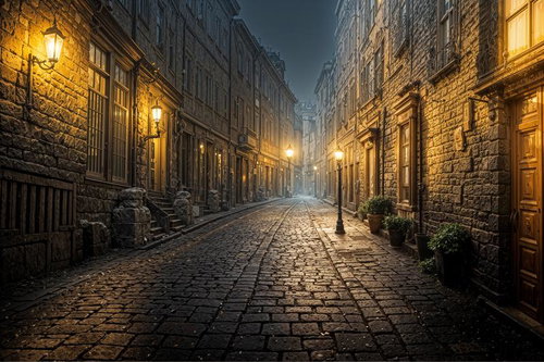 星降る夜に輝く中世ヨーロッパの石畳の街並み