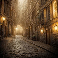 古い建物が密集する石畳の曲がりくねった道の写真