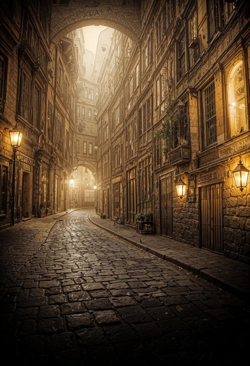 古い建物が密集する石畳の曲がりくねった道