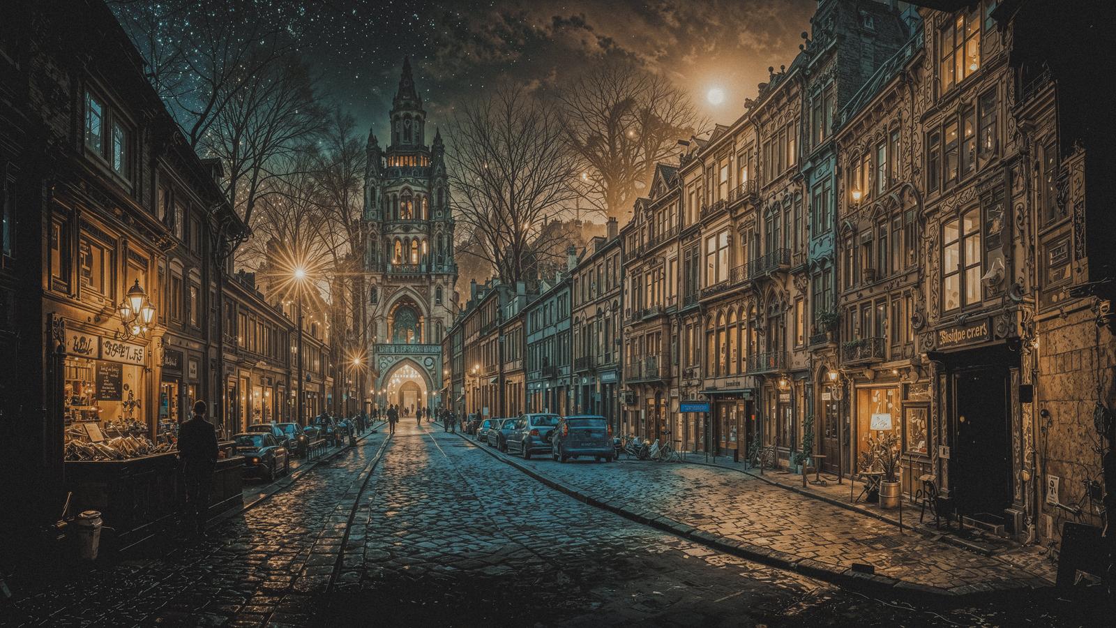 星降る夜の石畳とゴシック教会