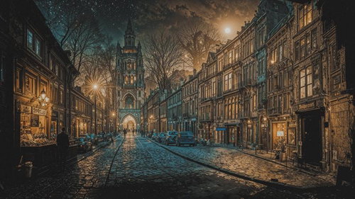 星降る夜の中世ヨーロッパ風街並み