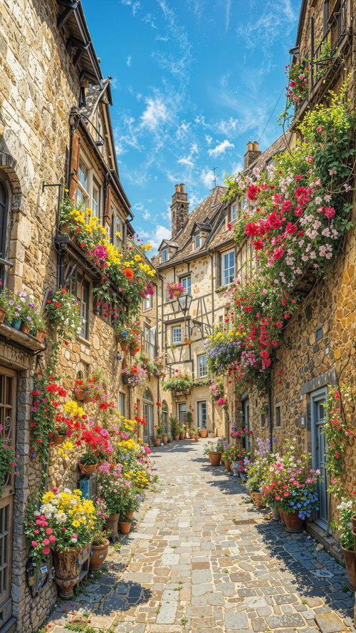歴史を感じる石造りの建物が並ぶ路地に咲く花々の彩り
