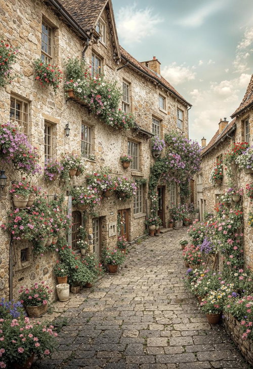 石畳の小道沿いに咲き誇る花々とランプが彩るヨーロッパの村並み
