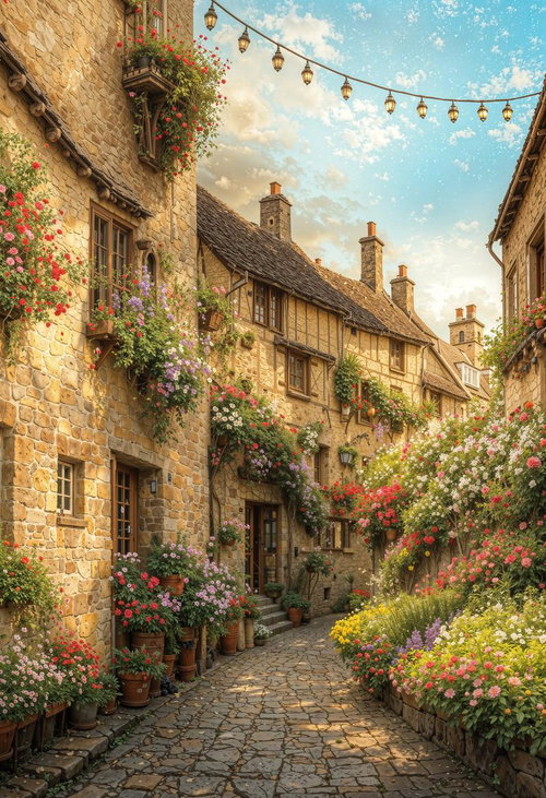 ピンクと紫の花が咲き誇るヨーロッパ風石造りの小道