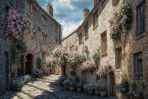 ヨーロッパの石畳の坂道に咲く色とりどりの花と時計塔