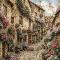 玄関先には色とりどりの花が咲く石畳の坂道と時計塔の写真