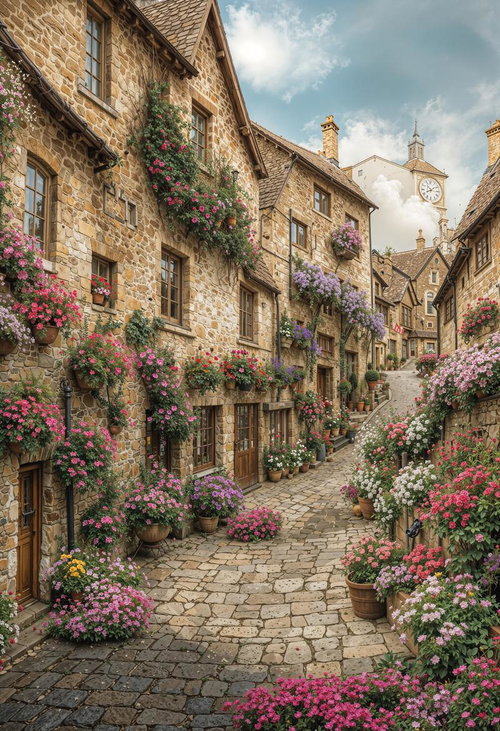 玄関先には色とりどりの花が咲く石畳の坂道と時計塔