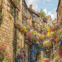 ピンク色の花が咲く石造りの路地裏、ヨーロッパ風の街並みの写真