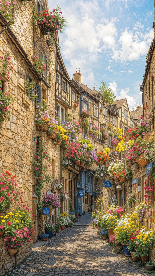 ピンク色の花が咲く石造りの路地裏、ヨーロッパ風の街並み