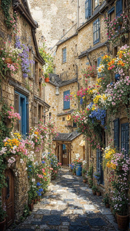 色彩豊かな花々と石造建築が織りなす路地の風景