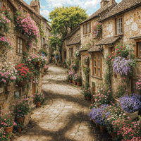 ピンクと紫の花で彩られた中世風石畳路地の石造建築街並みの写真