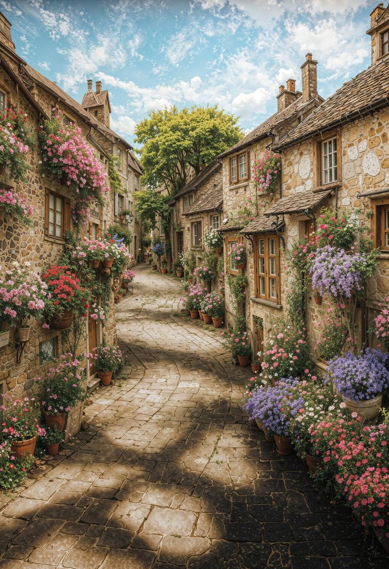 A medieval-style European stone-paved alley with flower pots hanging from the stone buildings