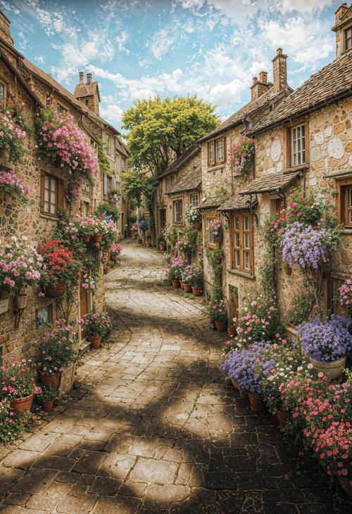 ピンクと紫の花で彩られた中世風石畳路地の石造建築街並み