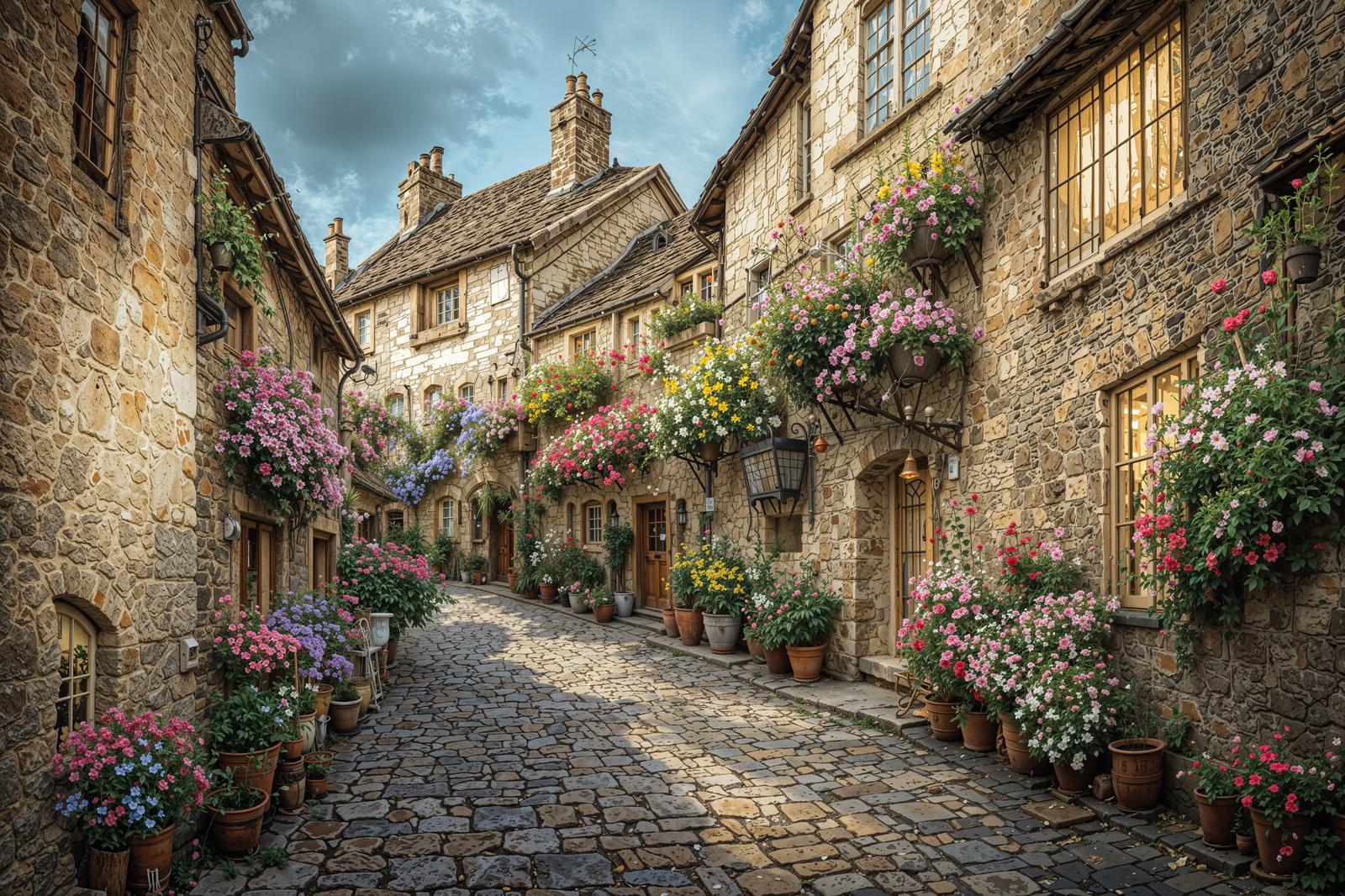A street of cobblestones with pink and purple flowers in bloom and medieval-style stone buildings