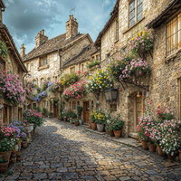 石畳の路地に咲く花々と中世の面影残る石造り街並みの写真
