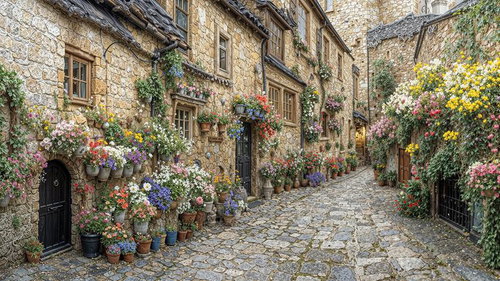 石造建築とカラフルな花飾りが並ぶヨーロッパ風石畳の路地