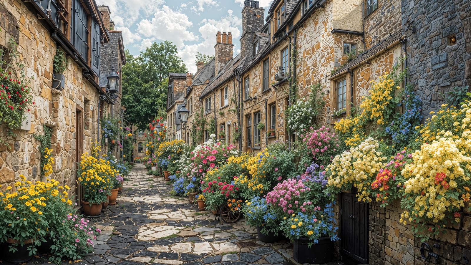 Colorful flowers blooming in the cobblestone alleyway surrounded by honey-colored stone buildings