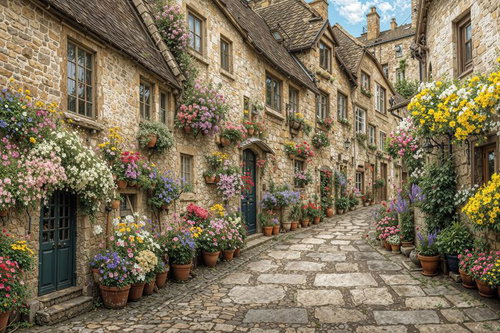花で彩られた石造りの路地