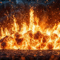 オレンジ色の炎と火の粉が舞う激しい爆発シーンの写真