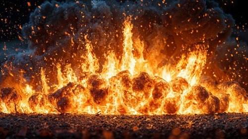 オレンジ色の炎と火の粉が舞う激しい爆発シーン