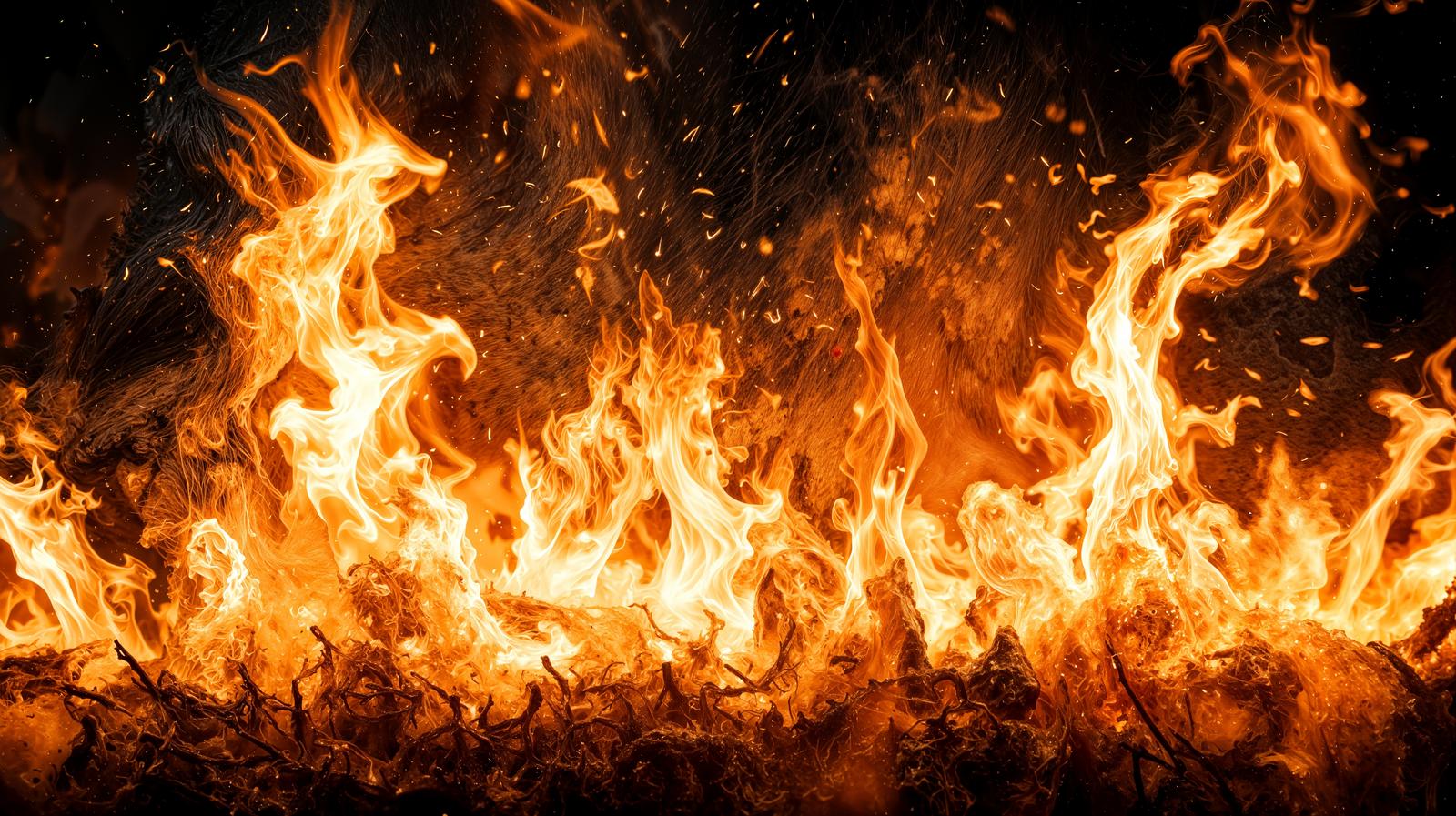 枝や枯草の上で激しく燃え上がる猛火