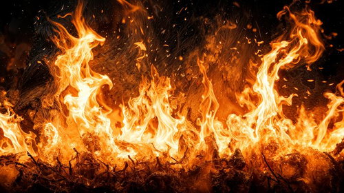 枝や枯草を包み込むように燃焼する猛火