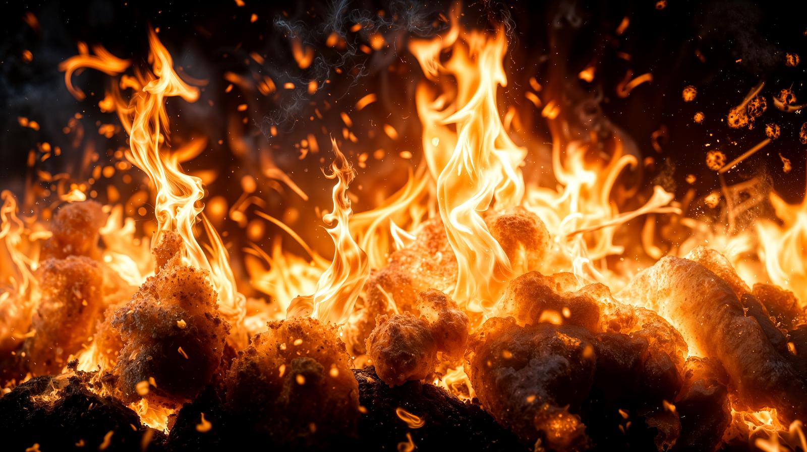 揚げ物の上から大きな炎が立ち上がる