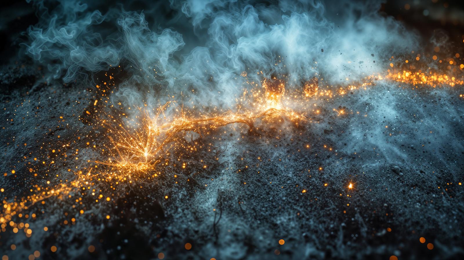 暗い地面で火花が飛び散り、上空に青白い煙が立ち上るAI生成画像