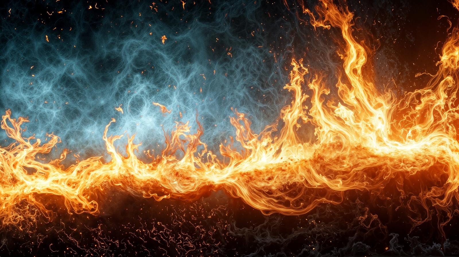 炎と青白い煙が交差する境界線