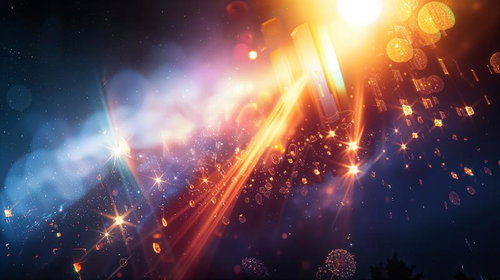 黄金色の光線と無数の光の粒子が舞う宇宙空間