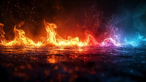 オレンジから青へ変化する炎が地面に広がるグラデーション