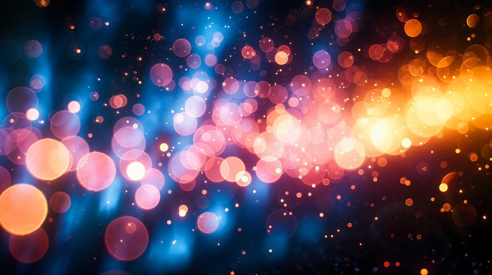 青とオレンジの光のボケが暗い背景に広がるAI画像