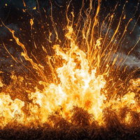 暗闇に舞い散る火の粉と爆発炎の迫力シーンの写真