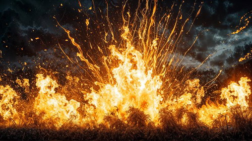 暗闇に舞い散る火の粉と爆発炎の迫力シーン