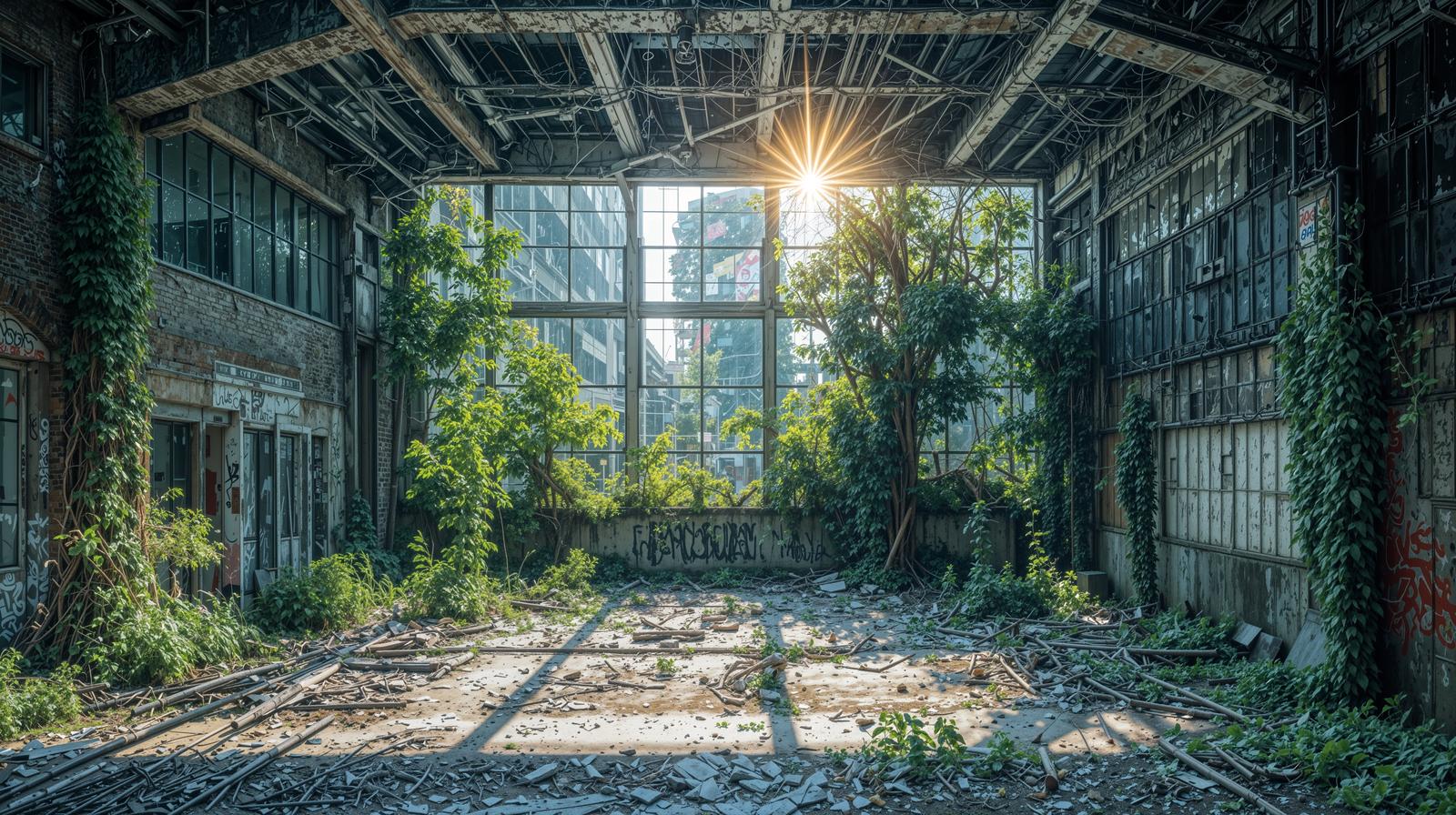 光が差し込む廃墟の路地。両側の建物に蔦が絡みつき、路面に落ち葉と瓦礫が散乱している