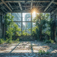 光差す廃墟となった建物群と荒れ果てた路地の写真